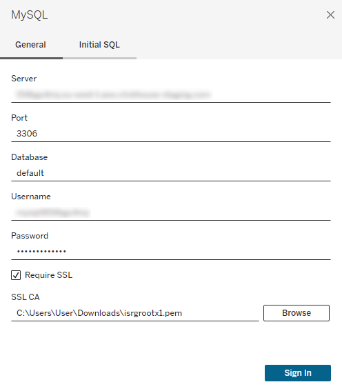 Диалог подключения MySQL в Tableau Desktop с включенной опцией SSL и полями для сервера, имени пользователя, пароля и с�ертификата